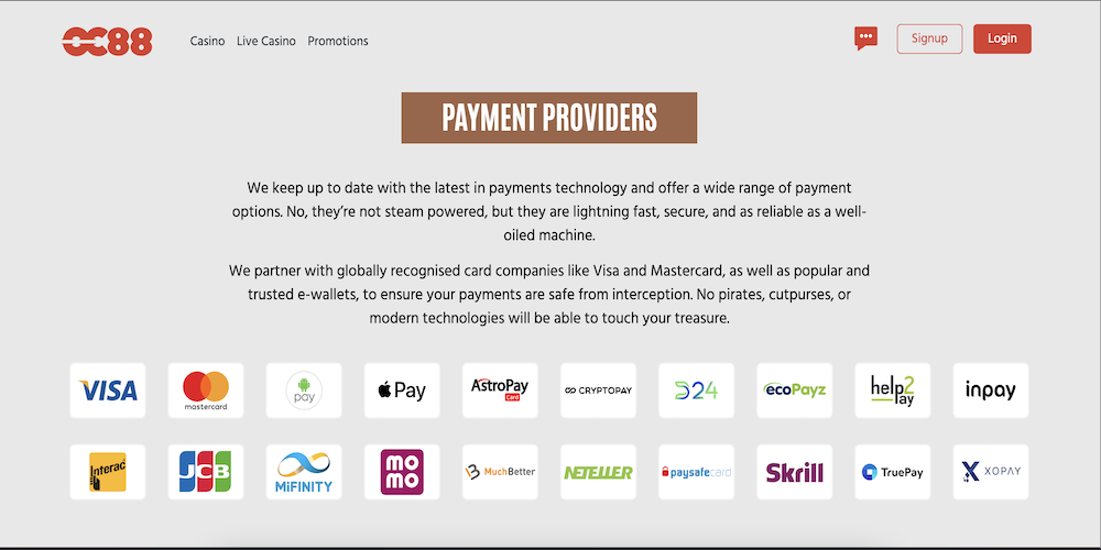OC88 Casino Payment methods